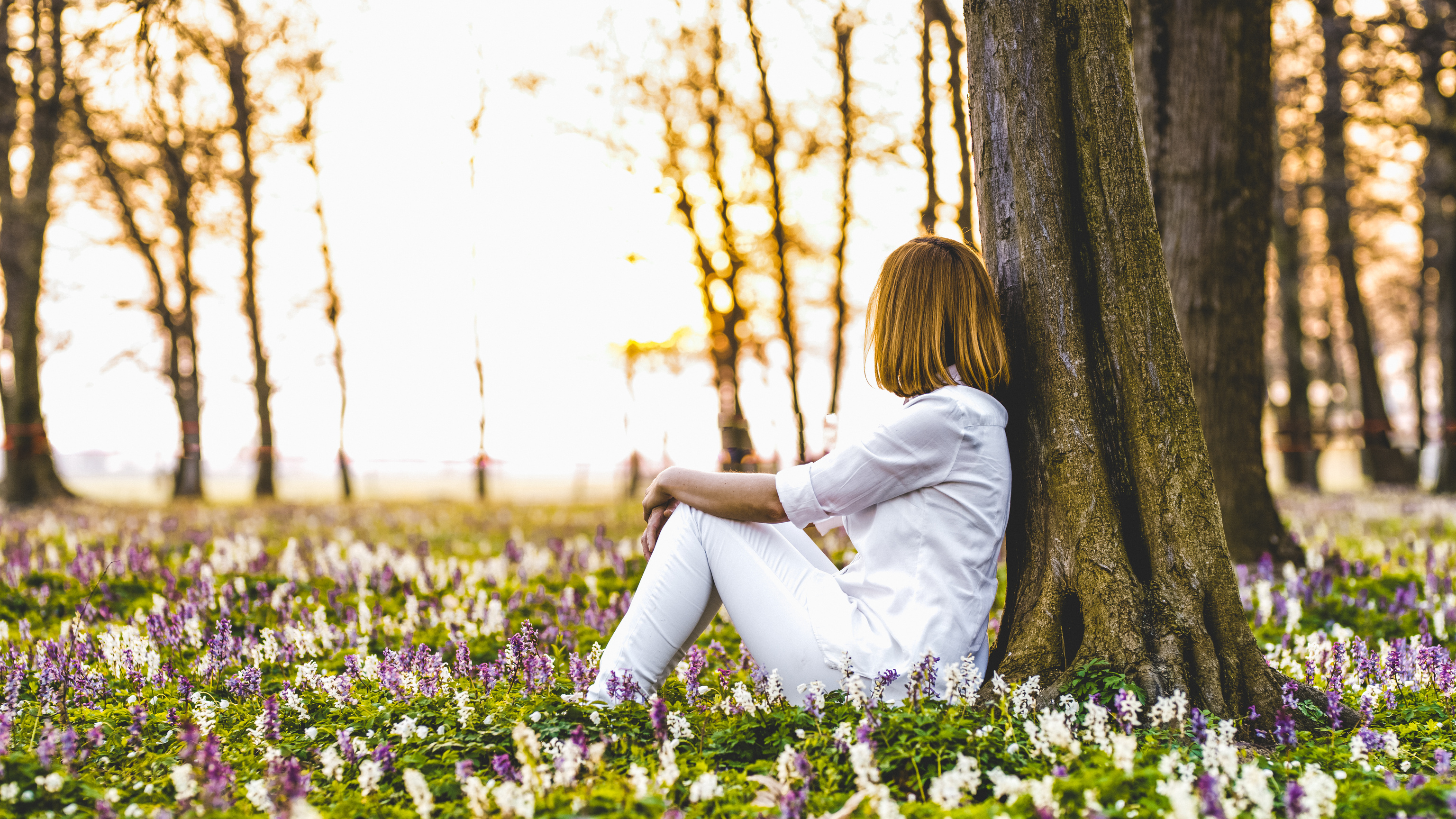 Woman sitting under tree in forest